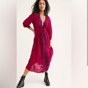 New NWT Free People Fable Embroidered Festival Boho Mid Dress Magenta Pink